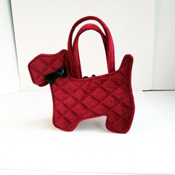 TOBY NYC Burgundy Velvet Quilted Scottie Dog Black Sequin Bow Satchel Mini Bag - Picture 1 of 7